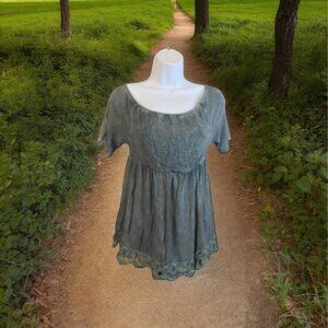 Alterd State Womens Medium Gray Smocked Lace Hem Babydoll Boho Chic Y2K